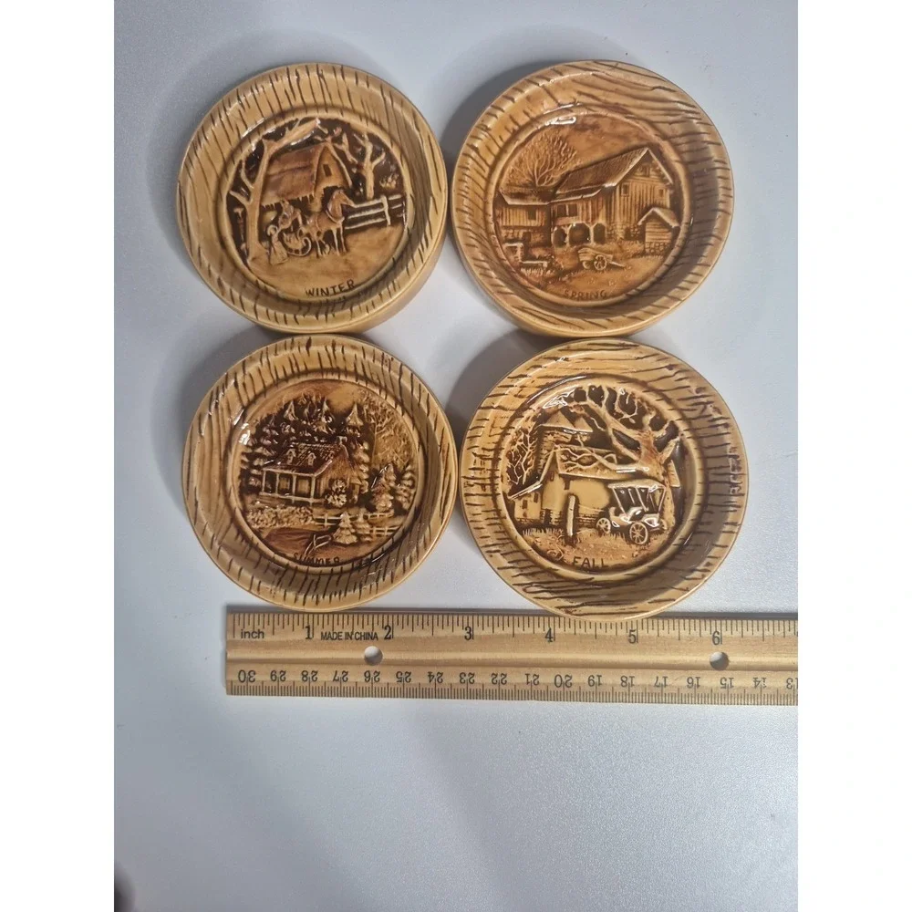 Duncan Enterprises 1982 Vintage Ceramic 4-Seasons Coasters & Holder Cottagecore